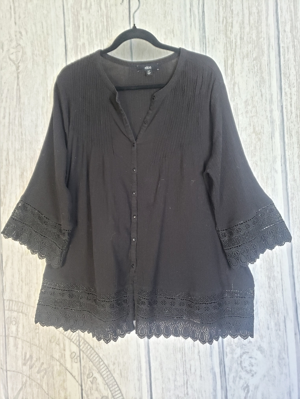 Ellos Crochet Trim Black Cotton Blouse Whimsigoth Crochet 3/4 Sleeve Size 1X A36